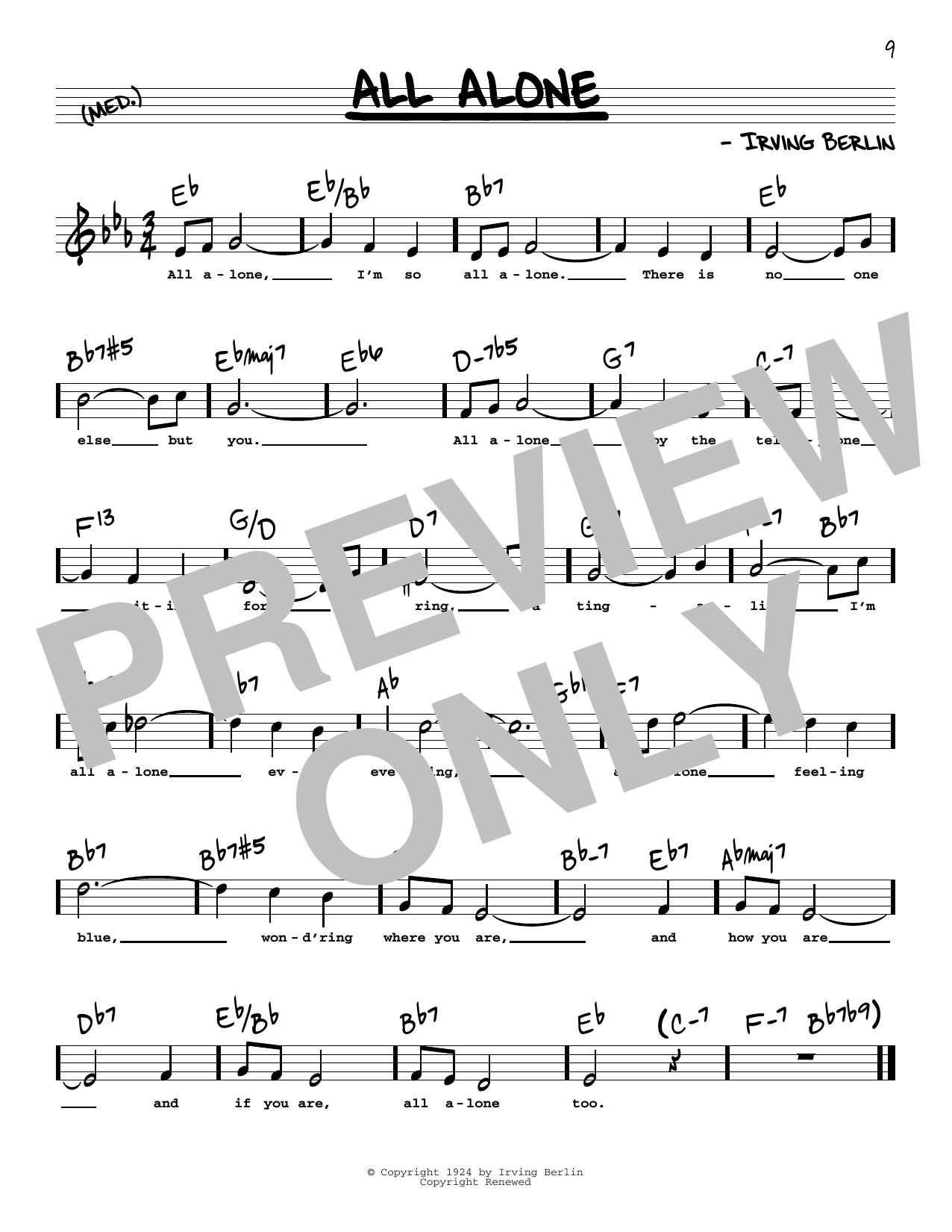 Download Irving Berlin All Alone (High Voice) Sheet Music and learn how to play Real Book – Melody, Lyrics & Chords PDF digital score in minutes