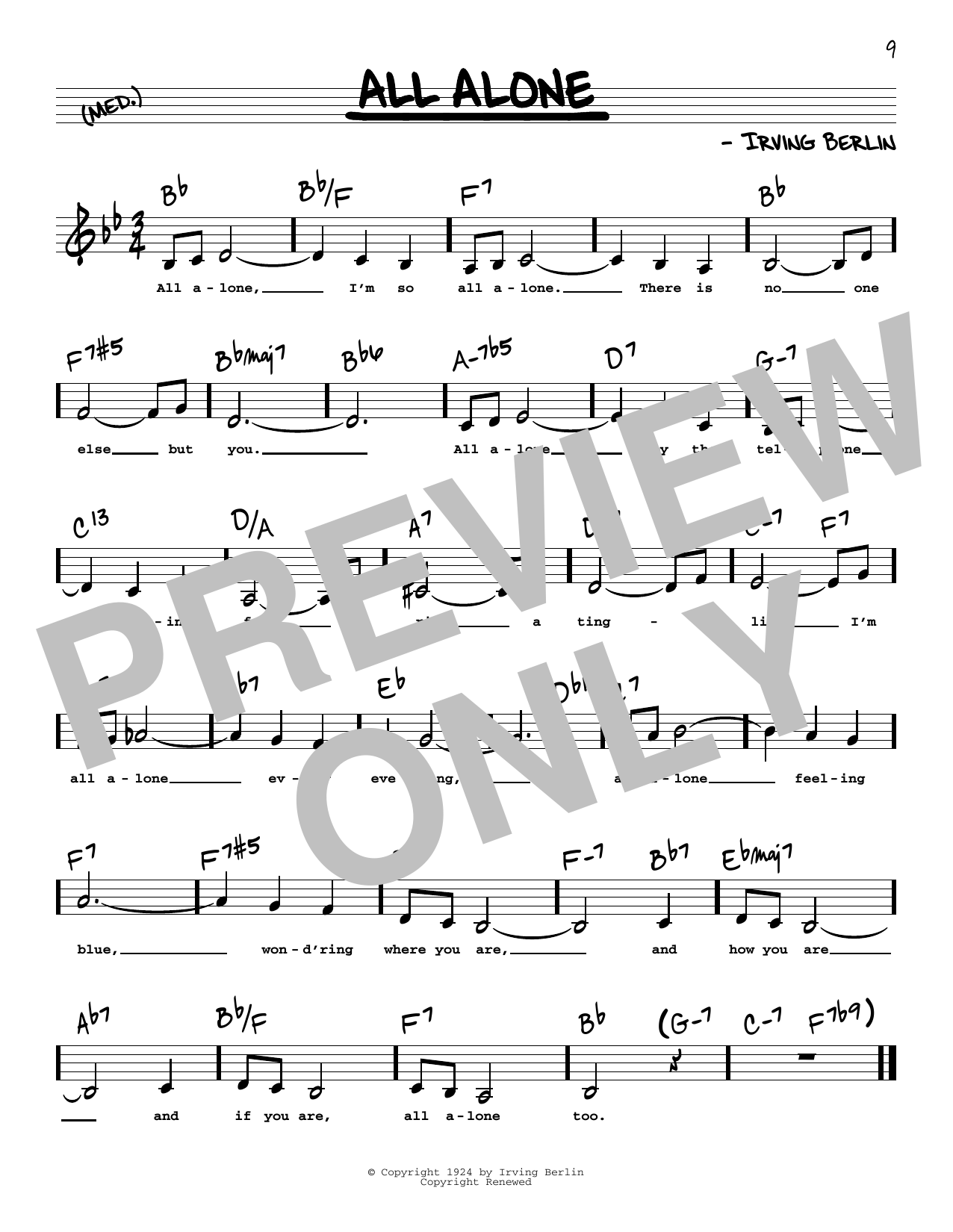 Download Irving Berlin All Alone (Low Voice) Sheet Music and learn how to play Real Book – Melody, Lyrics & Chords PDF digital score in minutes
