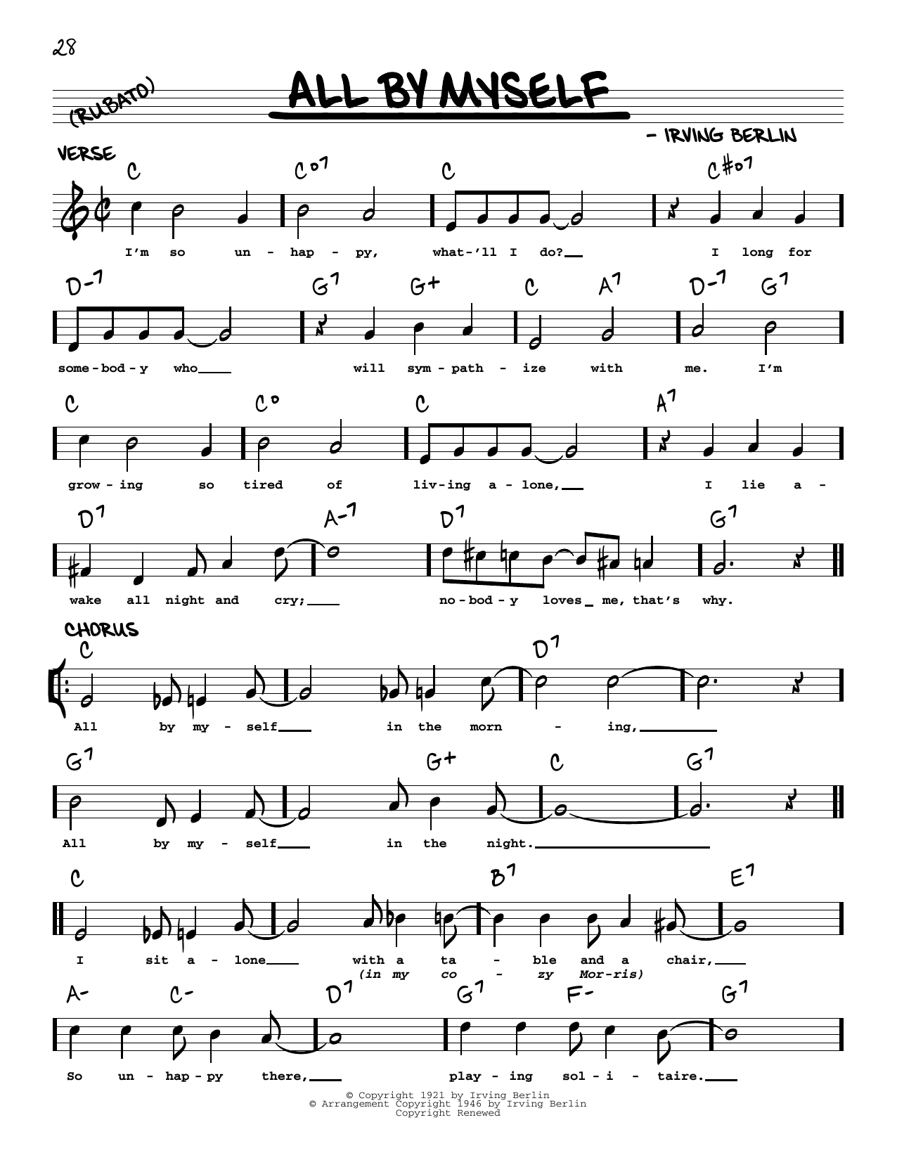 Download Irving Berlin All By Myself (arr. Robert Rawlins) Sheet Music and learn how to play Real Book – Melody, Lyrics & Chords PDF digital score in minutes