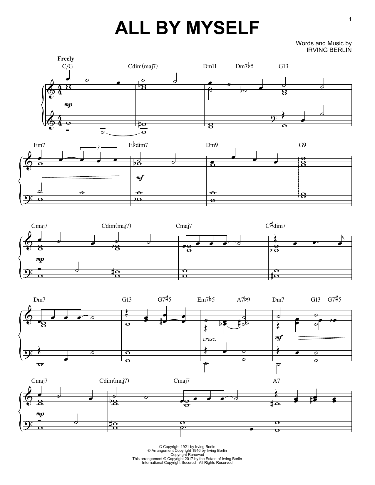 Download Irving Berlin All By Myself Sheet Music and learn how to play Piano PDF digital score in minutes
