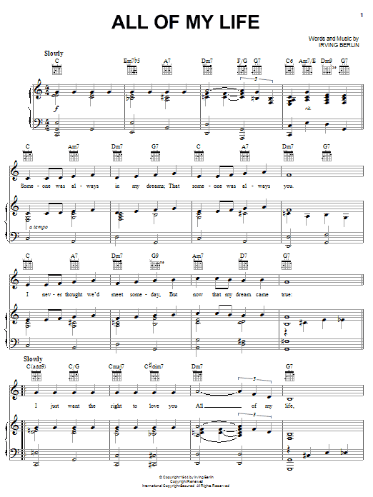 Download Irving Berlin All Of My Life Sheet Music and learn how to play Piano, Vocal & Guitar (Right-Hand Melody) PDF digital score in minutes