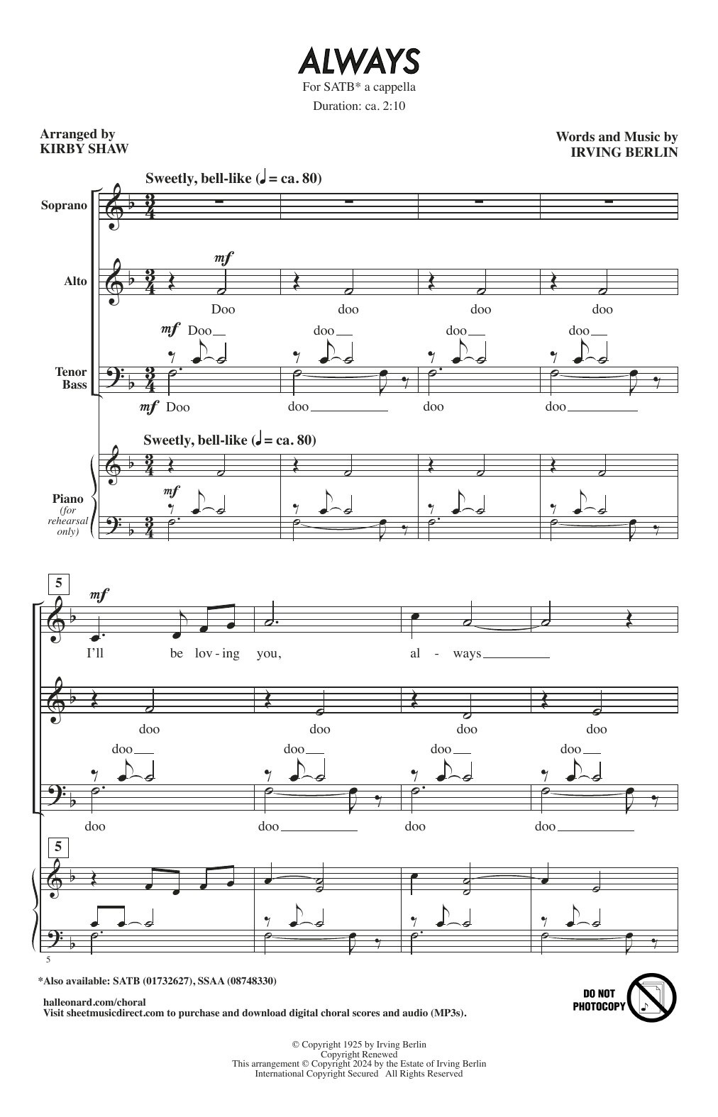 Download Irving Berlin Always (arr. Kirby Shaw) Sheet Music and learn how to play SATB Choir PDF digital score in minutes