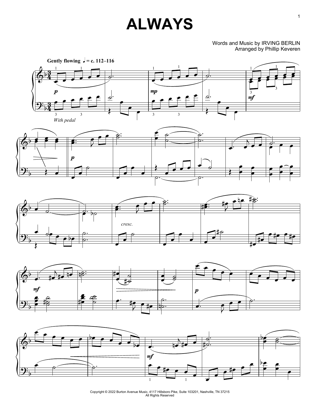 Download Irving Berlin Always (arr. Phillip Keveren) Sheet Music and learn how to play Piano Solo PDF digital score in minutes
