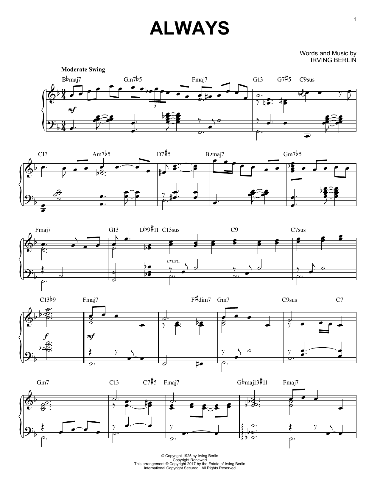 Download Irving Berlin Always Sheet Music and learn how to play Piano PDF digital score in minutes