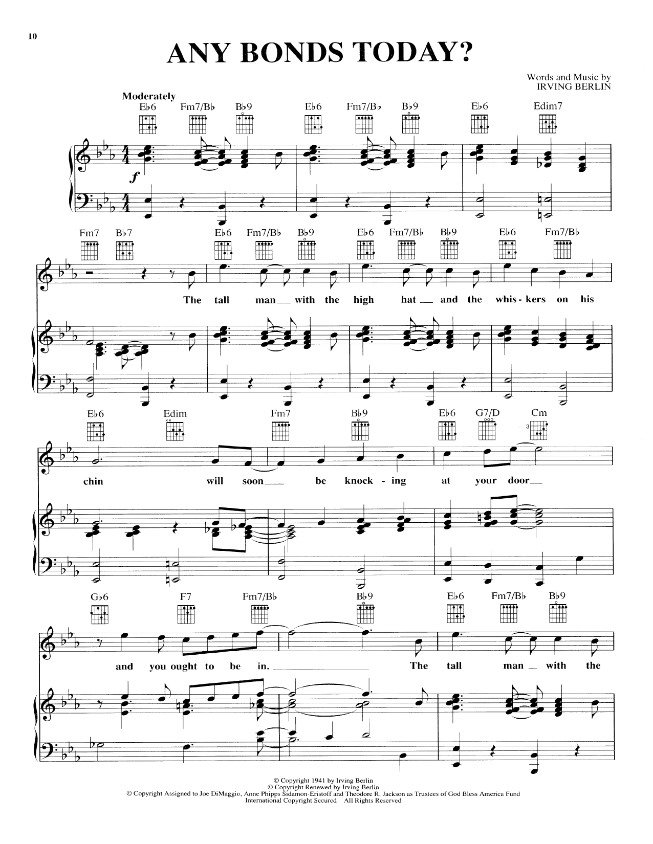 Download Irving Berlin Any Bonds Today Sheet Music and learn how to play Piano, Vocal & Guitar (Right-Hand Melody) PDF digital score in minutes