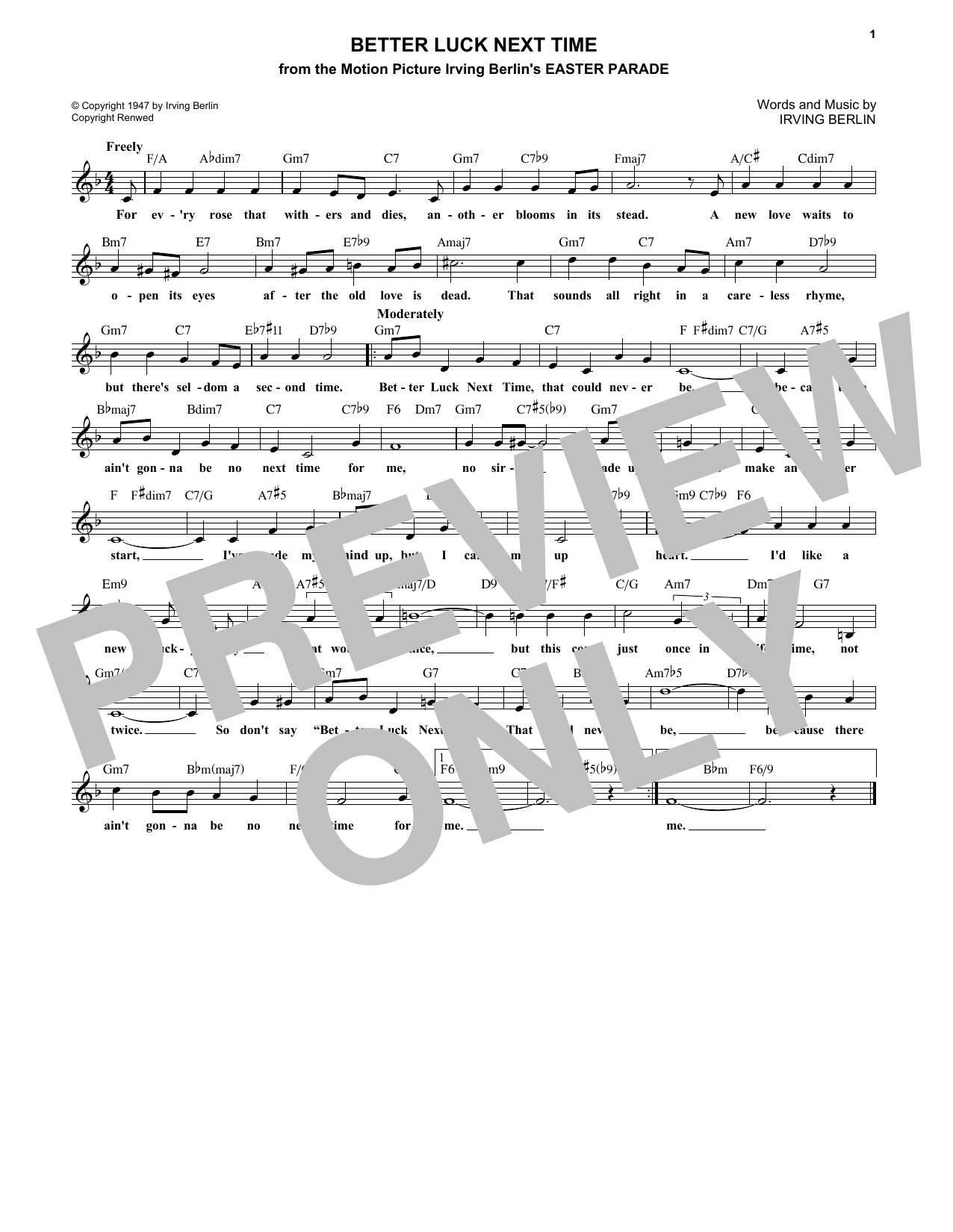 Download Irving Berlin Better Luck Next Time Sheet Music and learn how to play Melody Line, Lyrics & Chords PDF digital score in minutes