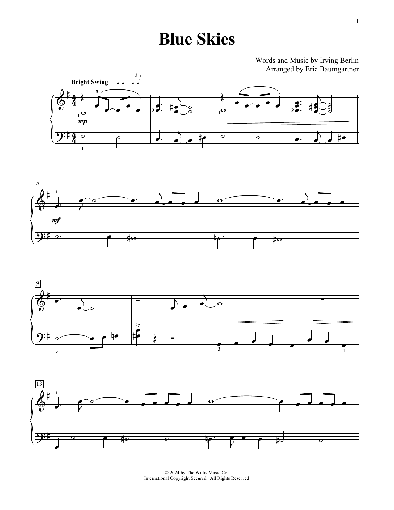 Download Irving Berlin Blue Skies (arr. Eric Baumgartner) Sheet Music and learn how to play Educational Piano PDF digital score in minutes