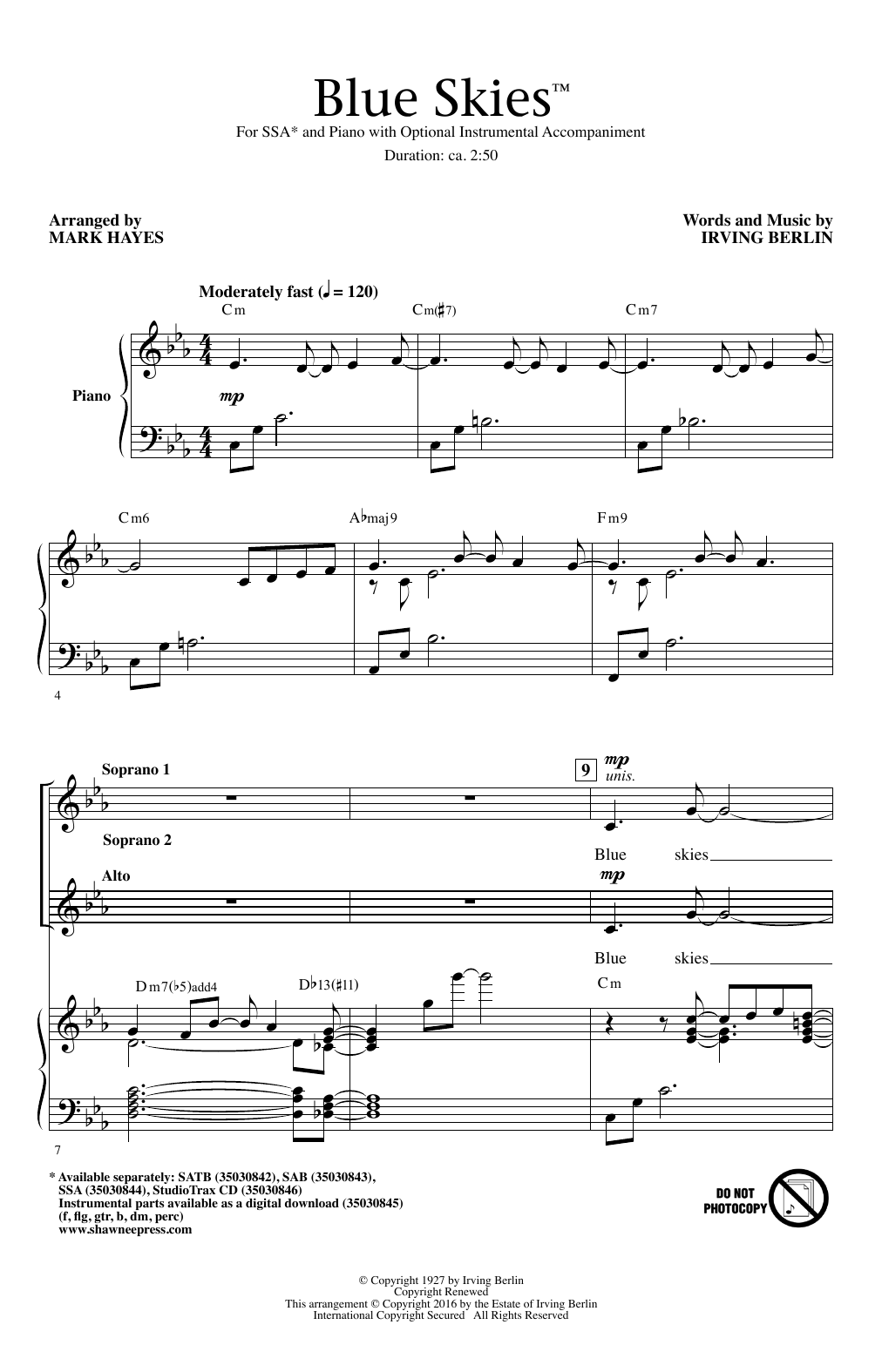 Download Mark Hayes Blue Skies Sheet Music and learn how to play SSA PDF digital score in minutes