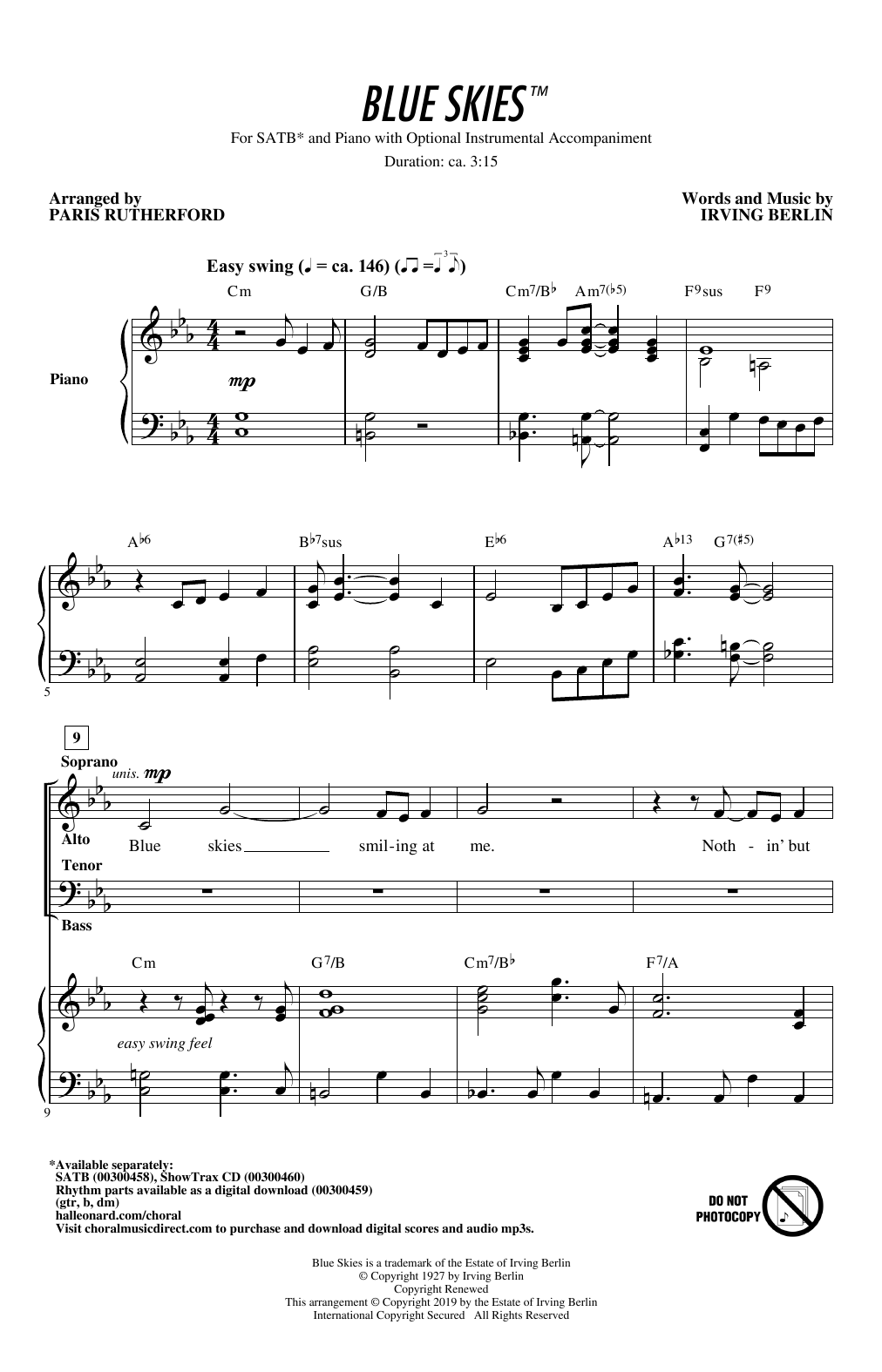 Download Irving Berlin Blue Skies (arr. Paris Rutherford) Sheet Music and learn how to play SATB Choir PDF digital score in minutes