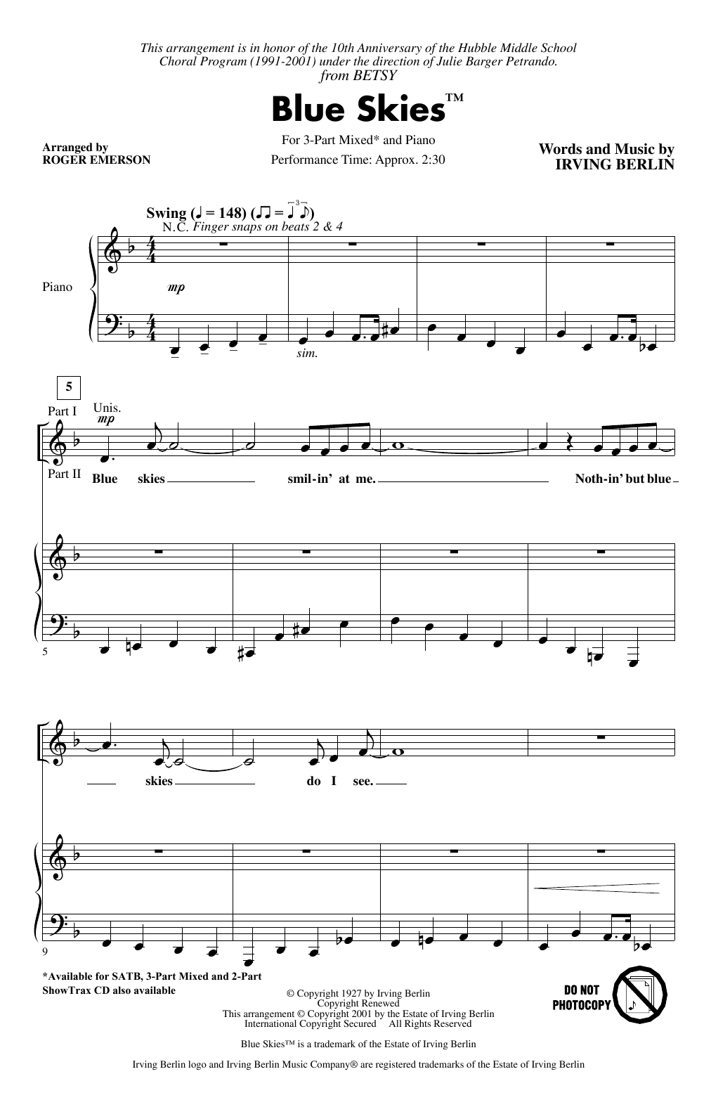 Download Irving Berlin Blue Skies (arr. Roger Emerson) Sheet Music and learn how to play 2-Part Choir PDF digital score in minutes