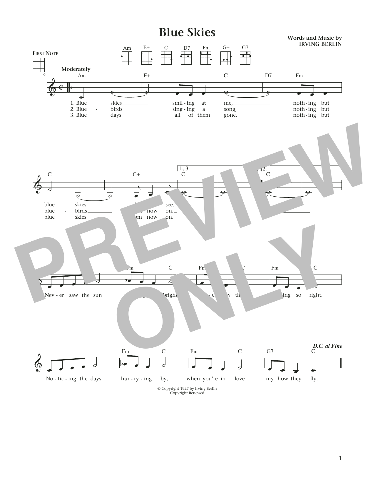 Download Irving Berlin Blue Skies Sheet Music and learn how to play Ukulele PDF digital score in minutes