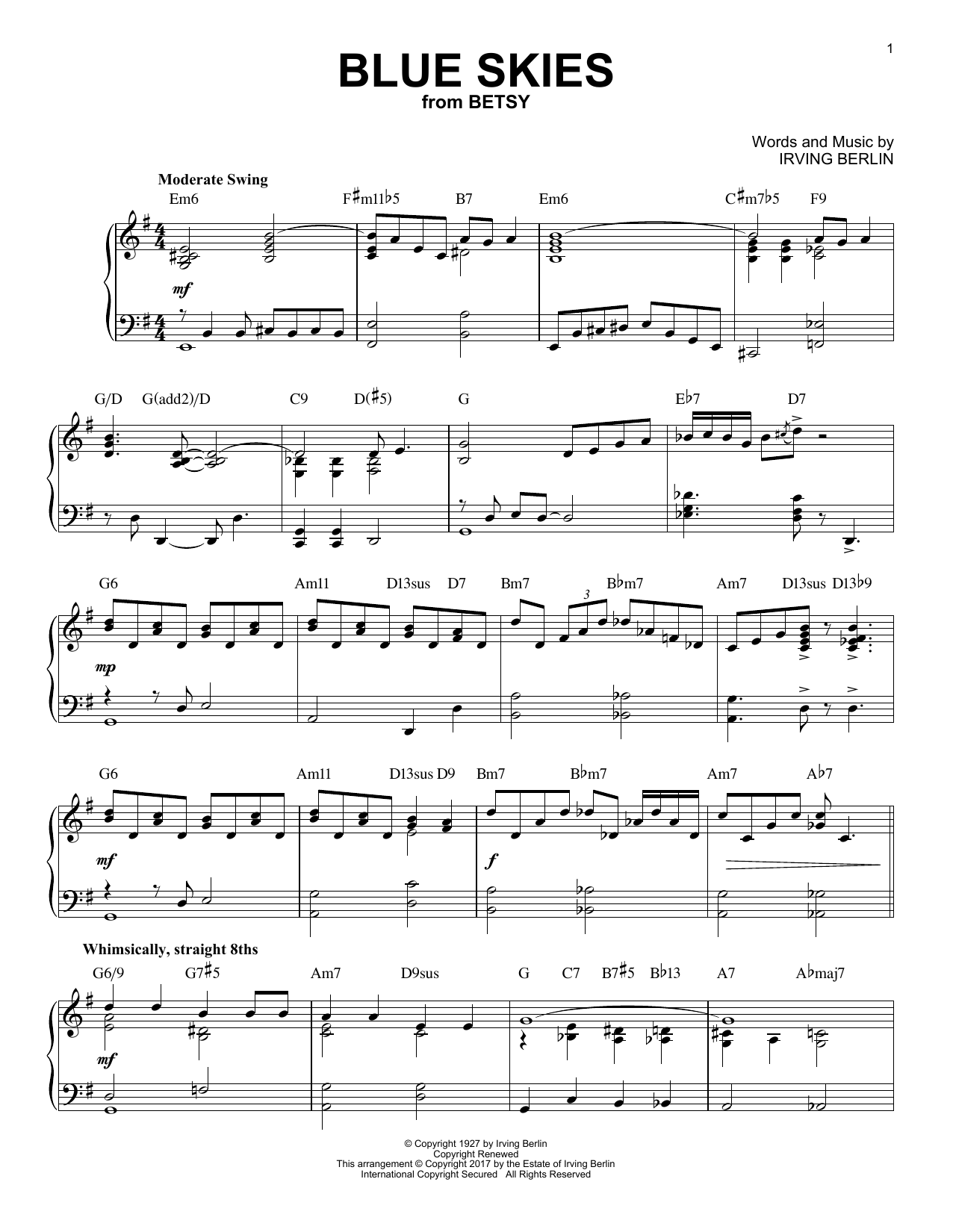 Download Irving Berlin Blue Skies Sheet Music and learn how to play Piano PDF digital score in minutes
