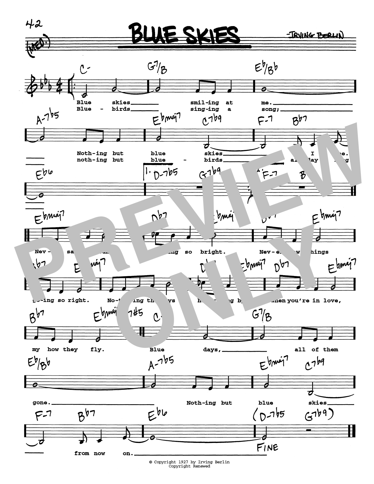 Download Irving Berlin Blue Skies (Low Voice) Sheet Music and learn how to play Real Book – Melody, Lyrics & Chords PDF digital score in minutes