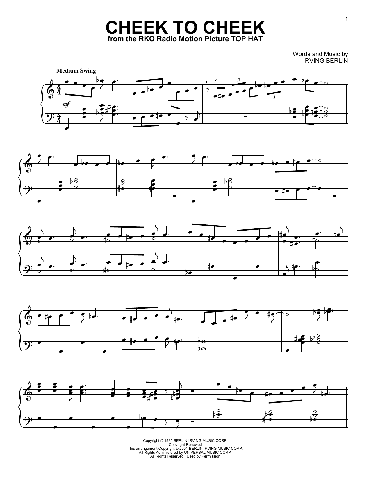 Download Irving Berlin Cheek To Cheek (arr. Al Lerner) Sheet Music and learn how to play Piano Solo PDF digital score in minutes