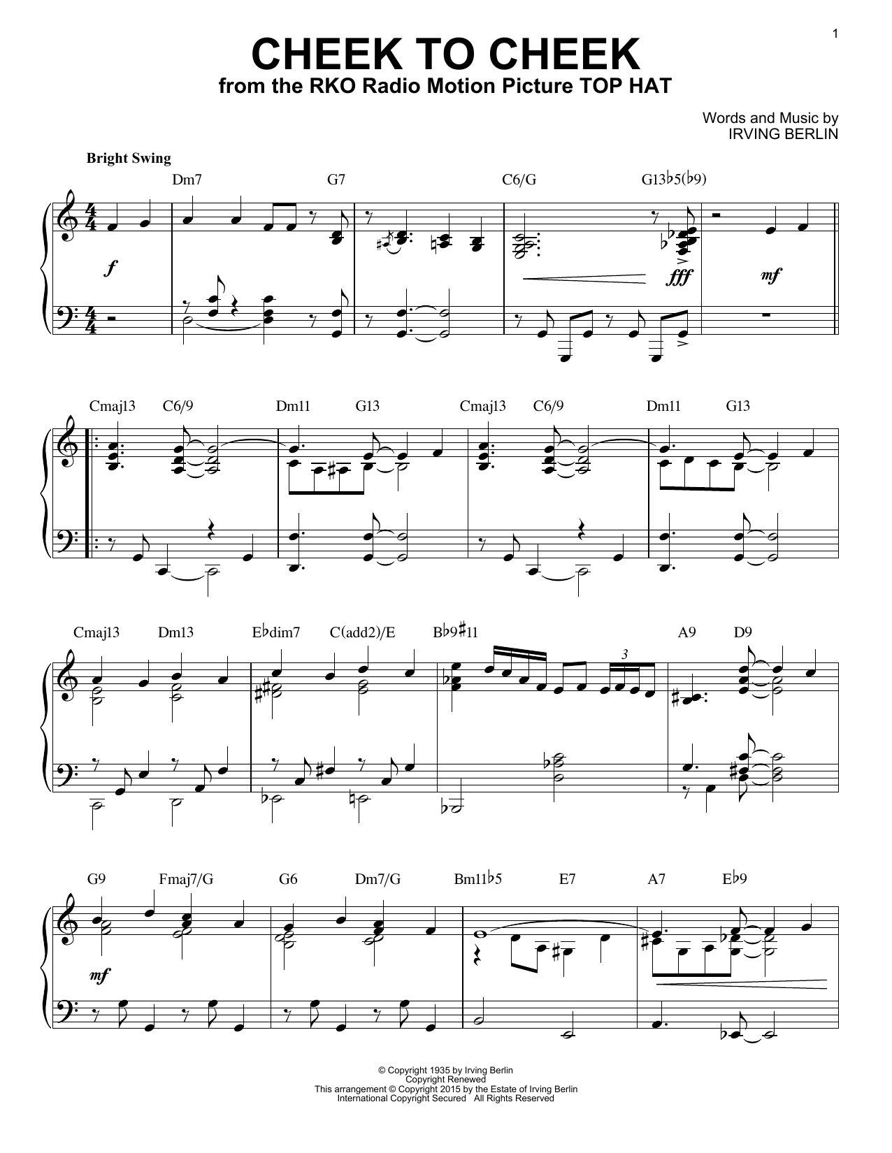 Download Irving Berlin Cheek To Cheek [Jazz version] (arr. Brent Edstrom) Sheet Music and learn how to play Piano & Vocal PDF digital score in minutes