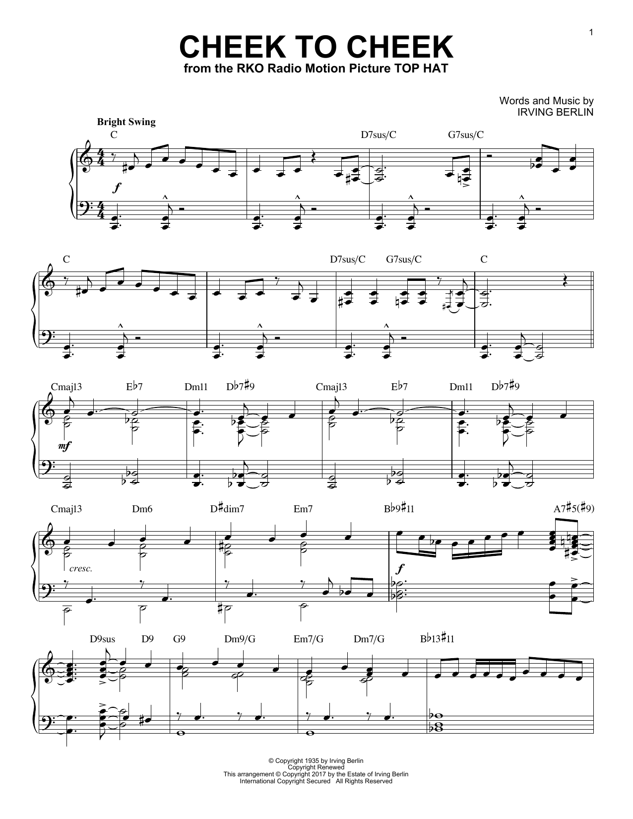 Download Irving Berlin Cheek To Cheek Sheet Music and learn how to play Piano PDF digital score in minutes