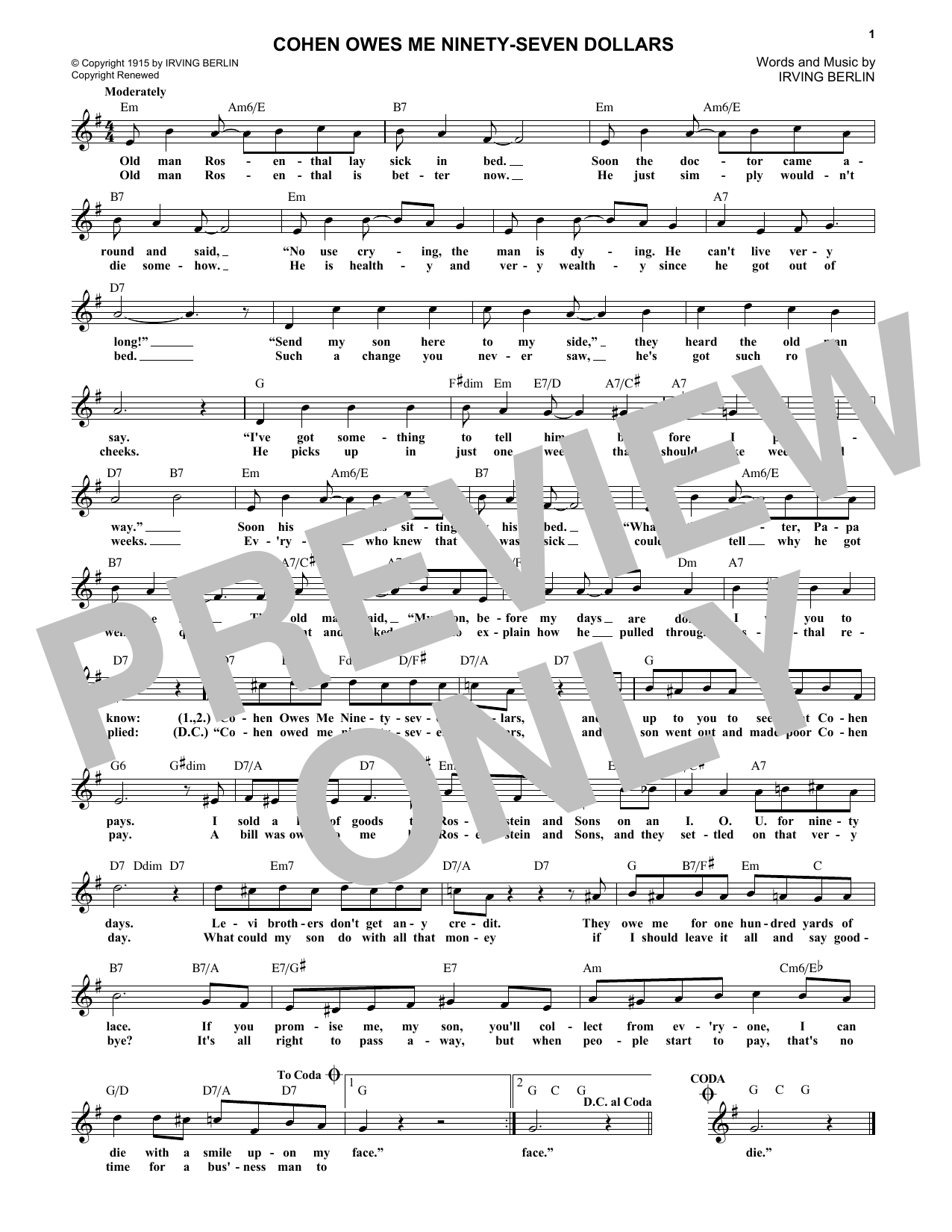 Download Irving Berlin Cohen Owes Me Ninety-Seven Dollars Sheet Music and learn how to play Melody Line, Lyrics & Chords PDF digital score in minutes