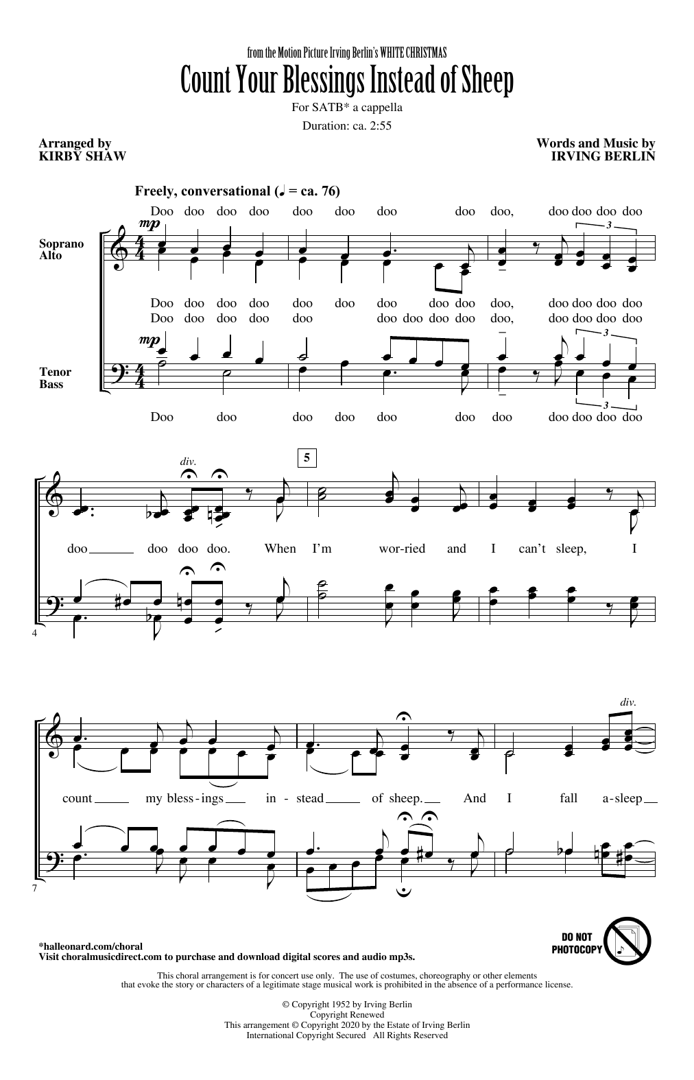 Download Irving Berlin Count Your Blessings Instead Of Sheep (from White Christmas) (arr. Kirby Shaw) Sheet Music and learn how to play SATB Choir PDF digital score in minutes