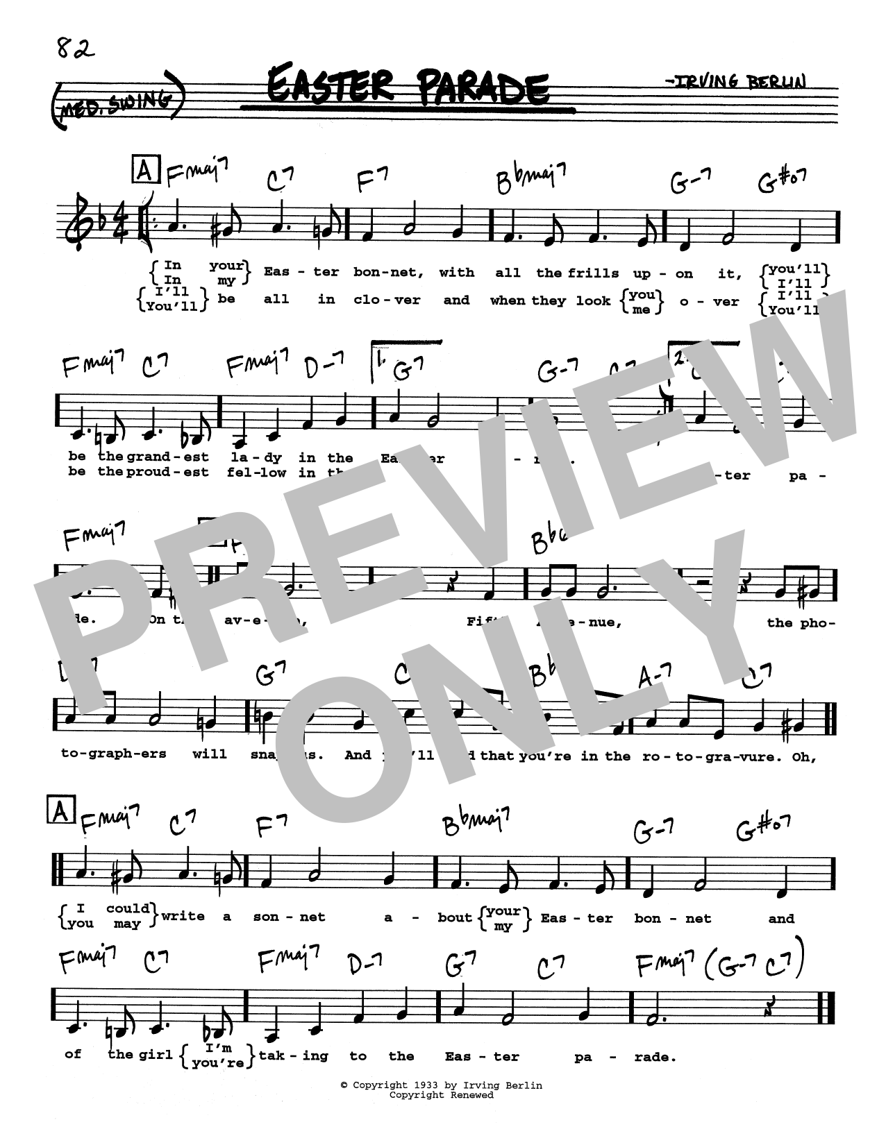 Download Irving Berlin Easter Parade (Low Voice) Sheet Music and learn how to play Real Book – Melody, Lyrics & Chords PDF digital score in minutes