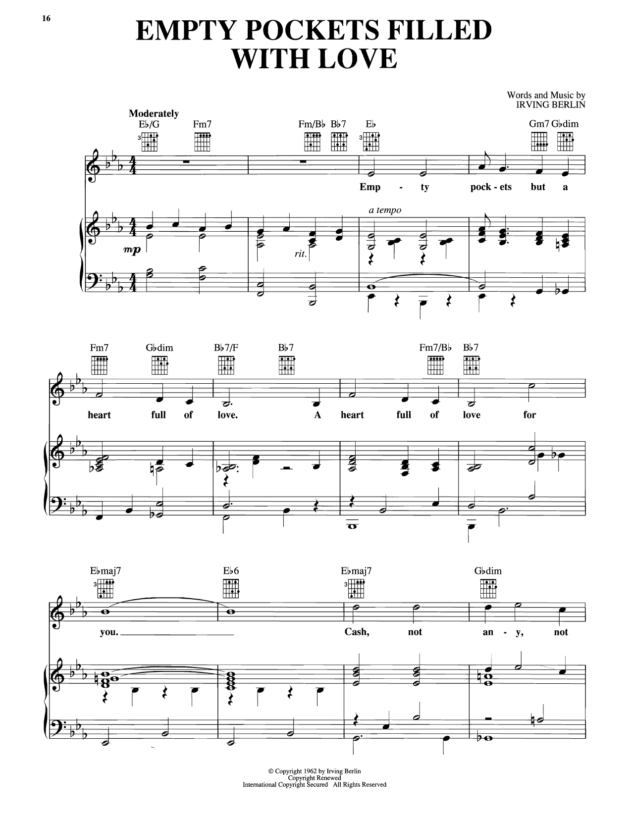 Download Irving Berlin Empty Pockets Filled With Love (from Mr. President) Sheet Music and learn how to play Piano, Vocal & Guitar Chords (Right-Hand Melody) PDF digital score in minutes