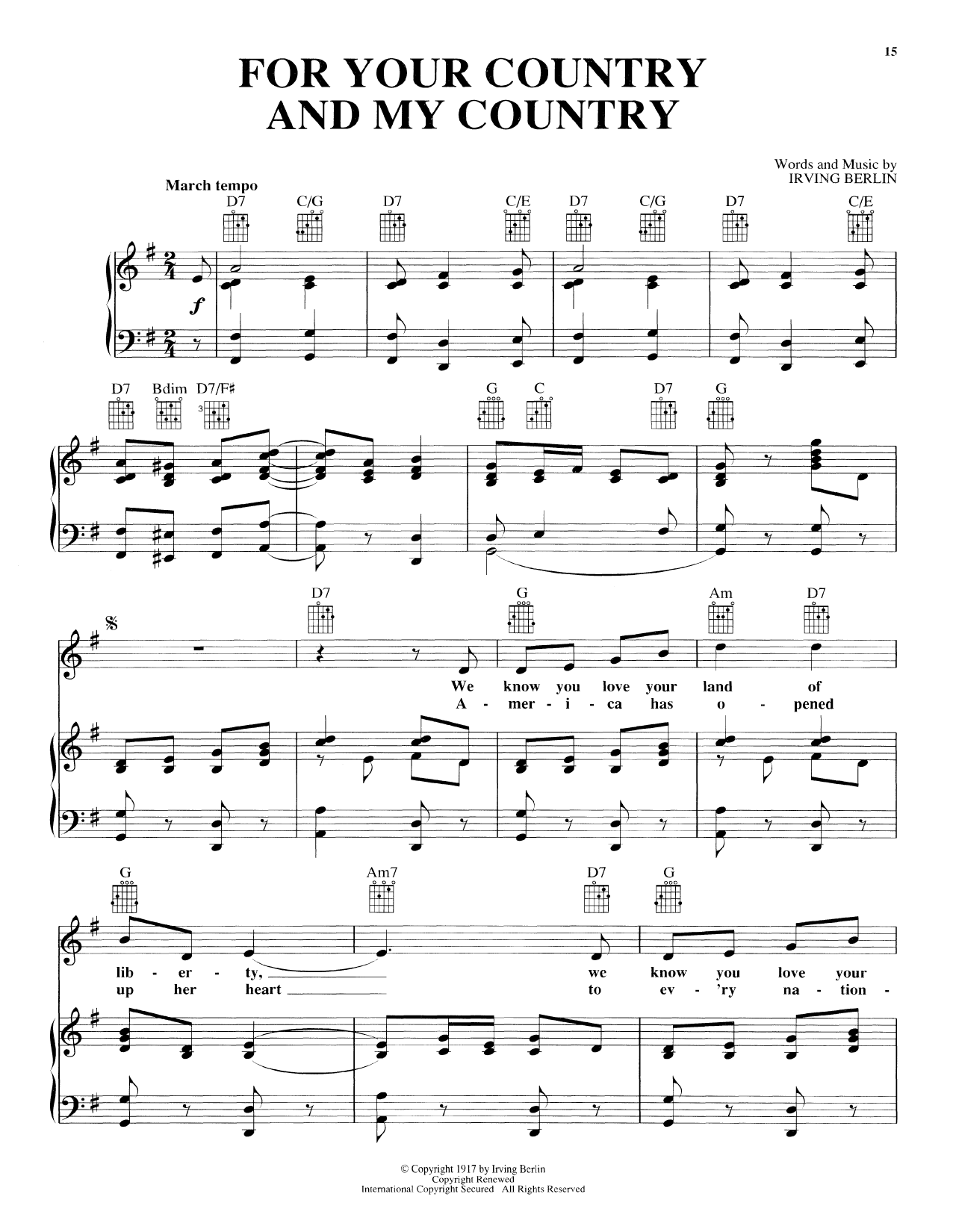 Download Irving Berlin For Your Country And My Country Sheet Music and learn how to play Piano, Vocal & Guitar (Right-Hand Melody) PDF digital score in minutes
