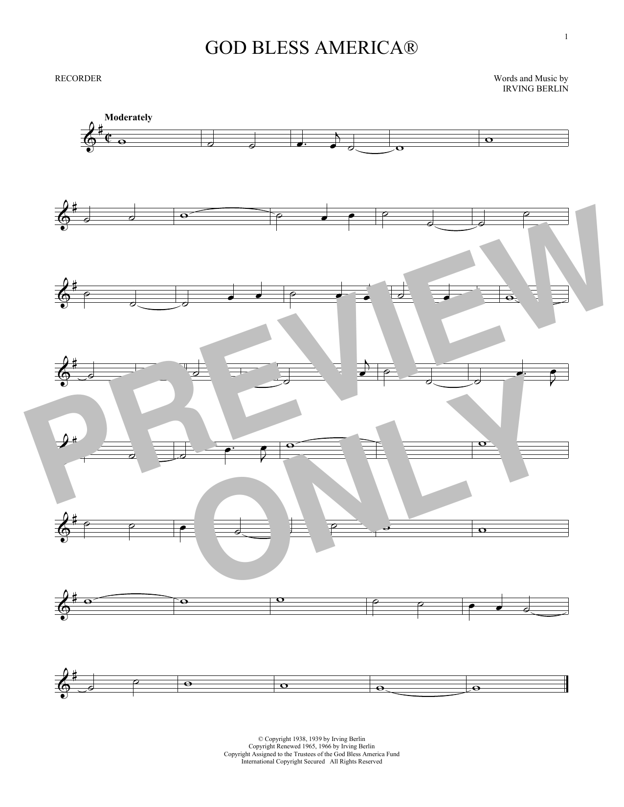Download Irving Berlin God Bless America ® Sheet Music and learn how to play Recorder Solo PDF digital score in minutes