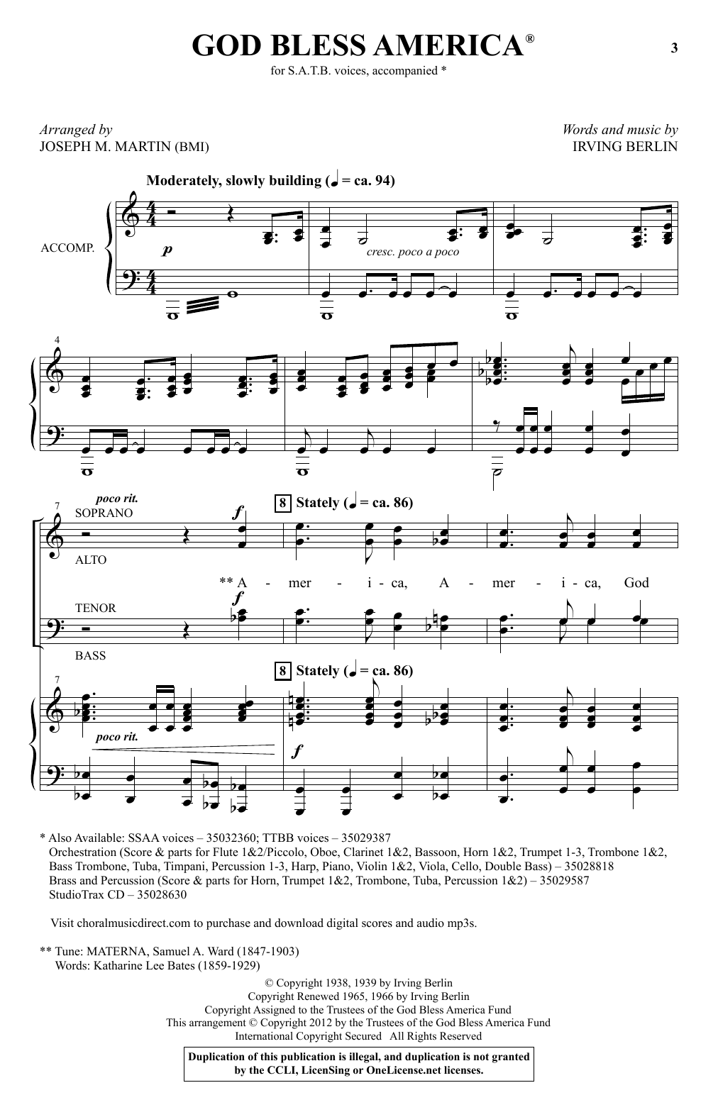 Download Irving Berlin God Bless America (arr. Joseph M. Martin) Sheet Music and learn how to play TTBB PDF digital score in minutes