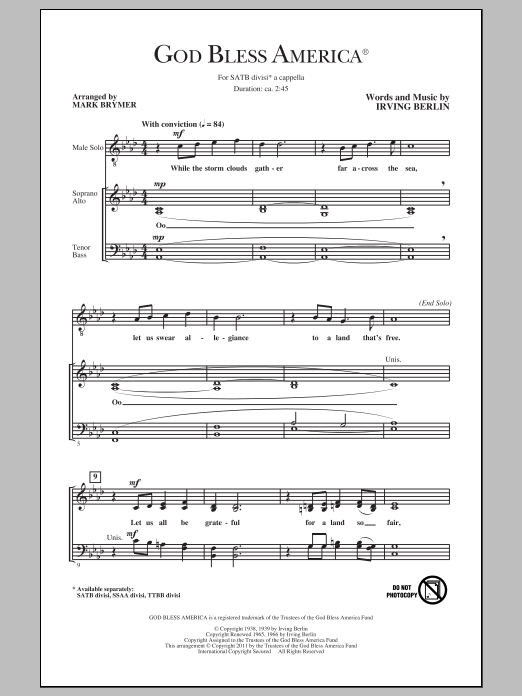 Download Irving Berlin God Bless America (arr. Mark Brymer) Sheet Music and learn how to play TTBB Choir PDF digital score in minutes