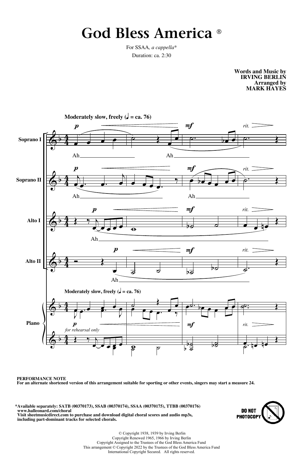 Download Irving Berlin God Bless America (arr. Mark Hayes) Sheet Music and learn how to play TTBB Choir PDF digital score in minutes