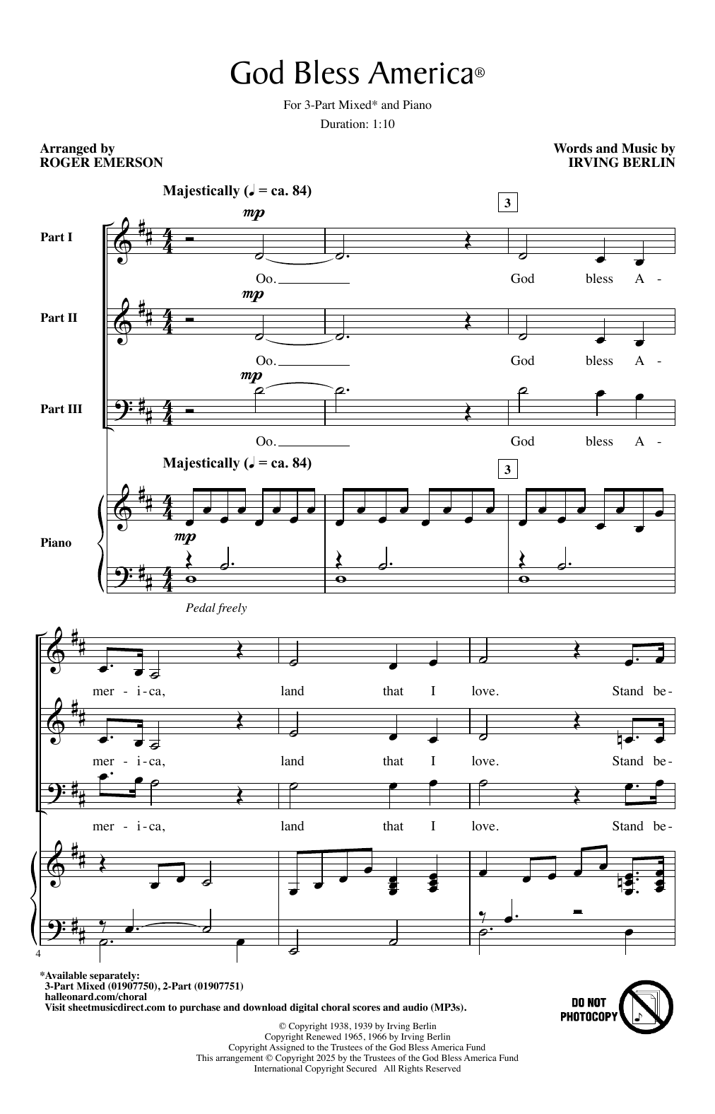 Download Irving Berlin God Bless America (arr. Roger Emerson) Sheet Music and learn how to play 3-Part Mixed Choir PDF digital score in minutes