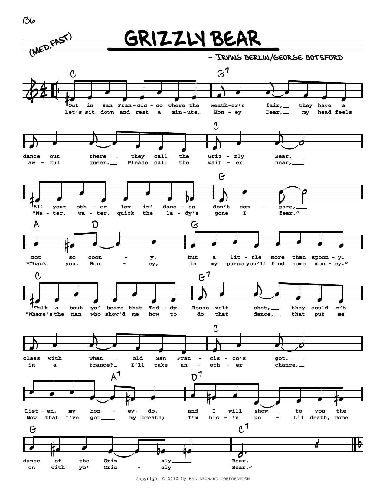 Download Irving Berlin Grizzly Bear (arr. Robert Rawlins) Sheet Music and learn how to play Real Book – Melody, Lyrics & Chords PDF digital score in minutes