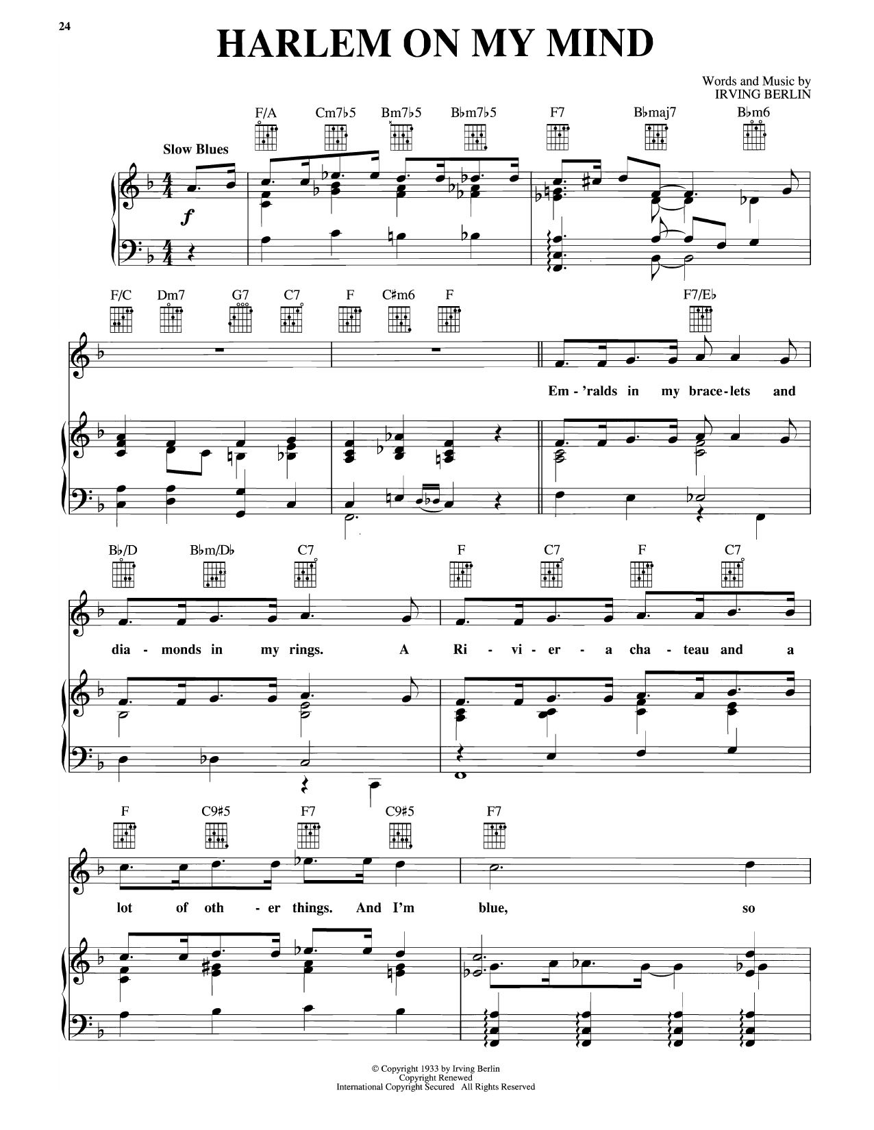 Download Irving Berlin Harlem On My Mind (from As Thousands Cheer) Sheet Music and learn how to play Piano, Vocal & Guitar Chords (Right-Hand Melody) PDF digital score in minutes