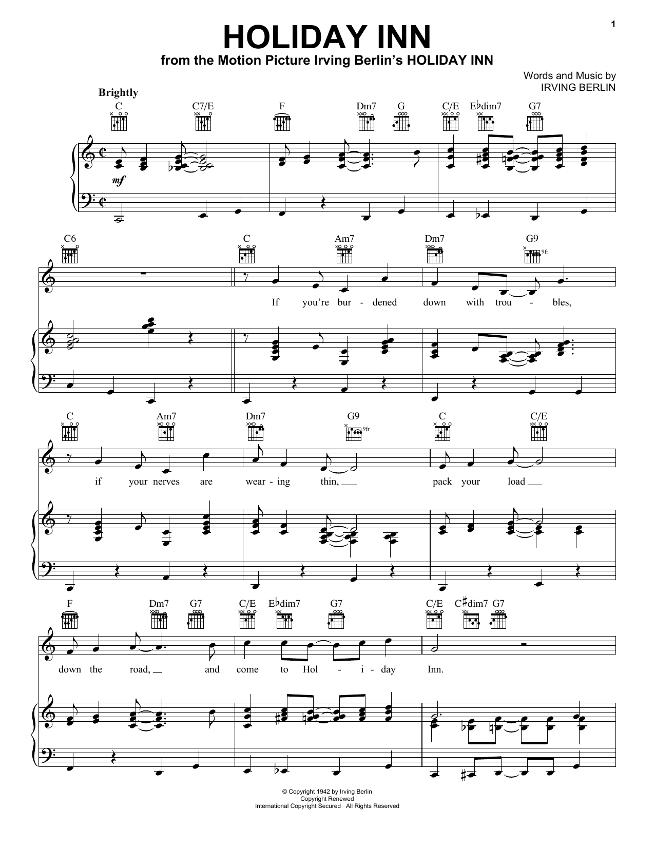 Download Irving Berlin Holiday Inn Sheet Music and learn how to play Piano, Vocal & Guitar (Right-Hand Melody) PDF digital score in minutes