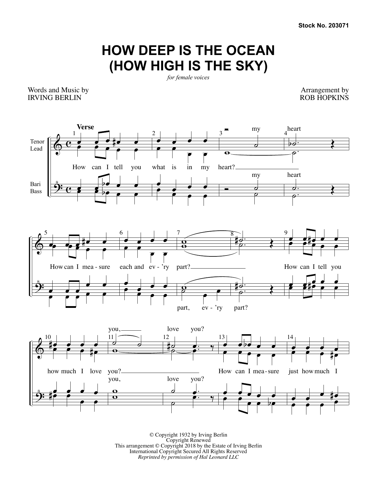 Download Irving Berlin How Deep Is The Ocean (How High Is the Sky) (arr. Rob Hopkins) Sheet Music and learn how to play SSAA Choir PDF digital score in minutes