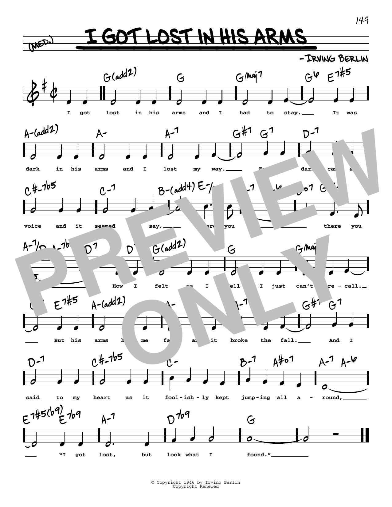 Download Irving Berlin I Got Lost In His Arms (Low Voice) Sheet Music and learn how to play Real Book – Melody, Lyrics & Chords PDF digital score in minutes