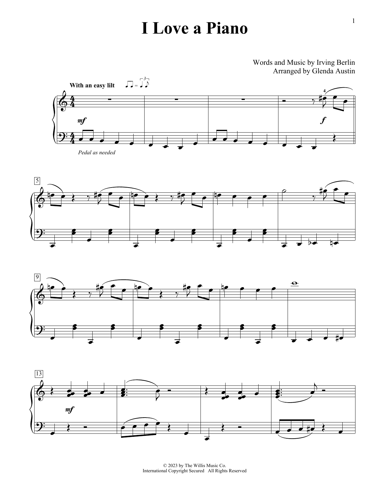 Download Irving Berlin I Love A Piano (arr. Glenda Austin) Sheet Music and learn how to play Educational Piano PDF digital score in minutes