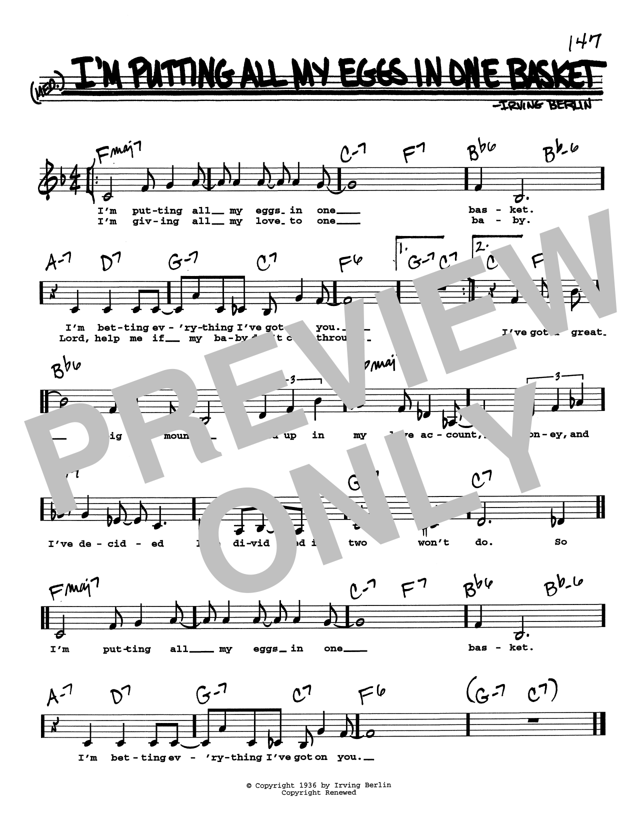 Download Irving Berlin I'm Putting All My Eggs In One Basket (Low Voice) Sheet Music and learn how to play Real Book – Melody, Lyrics & Chords PDF digital score in minutes