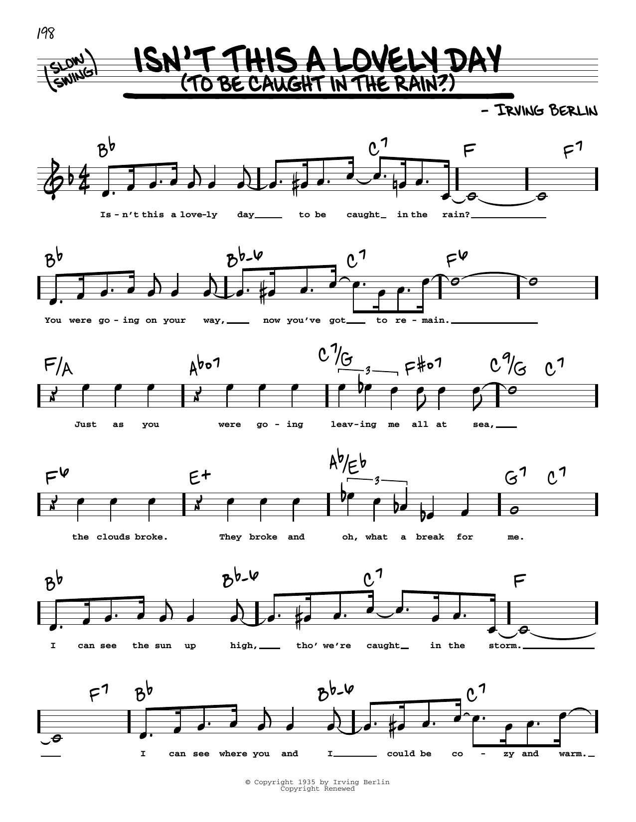 Download Irving Berlin Isn't This A Lovely Day (To Be Caught In The Rain?) (High Voice) (from Top Hat) Sheet Music and learn how to play Real Book – Melody, Lyrics & Chords PDF digital score in minutes