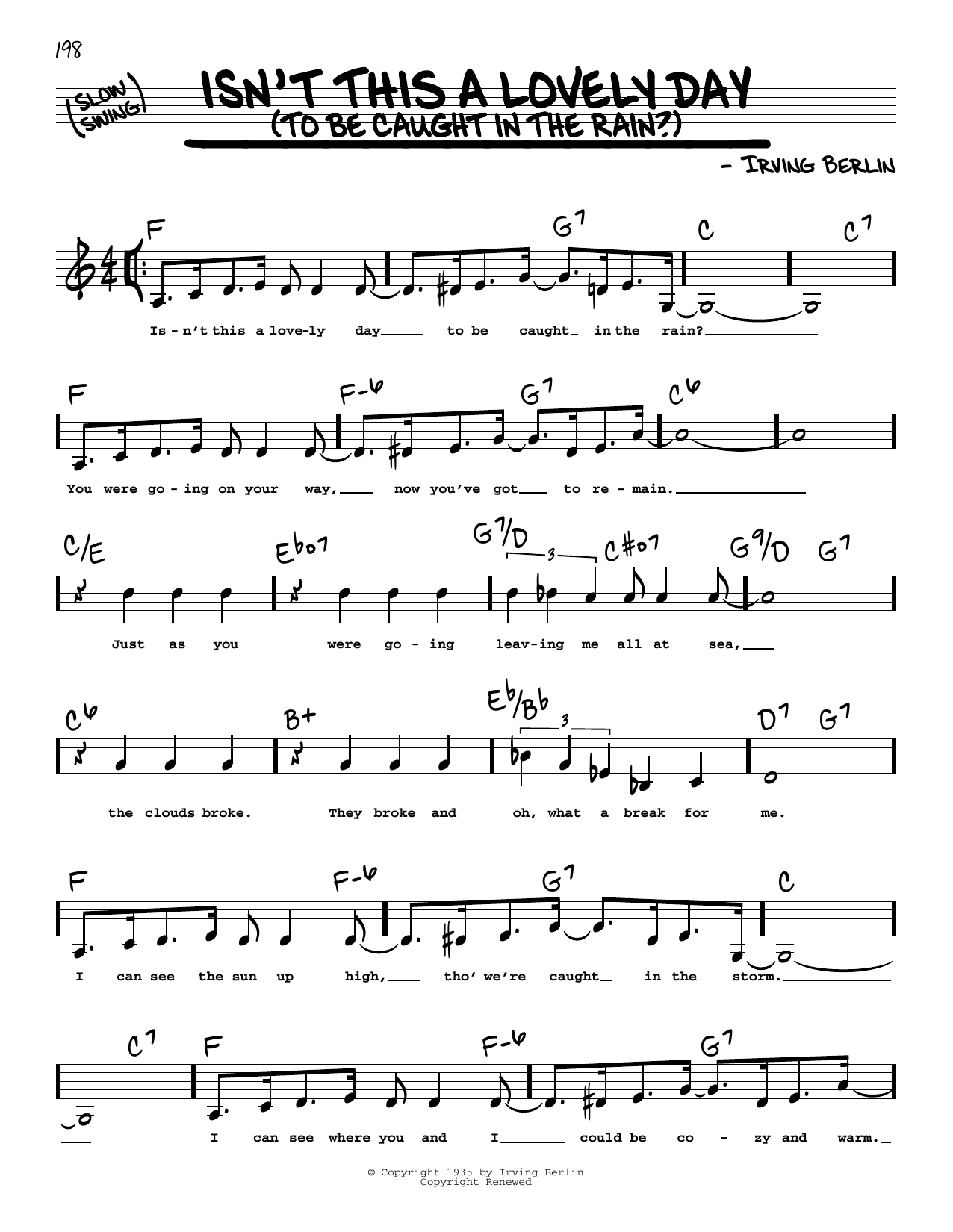 Download Irving Berlin Isn't This A Lovely Day (To Be Caught In The Rain?) (Low Voice) Sheet Music and learn how to play Real Book – Melody, Lyrics & Chords PDF digital score in minutes