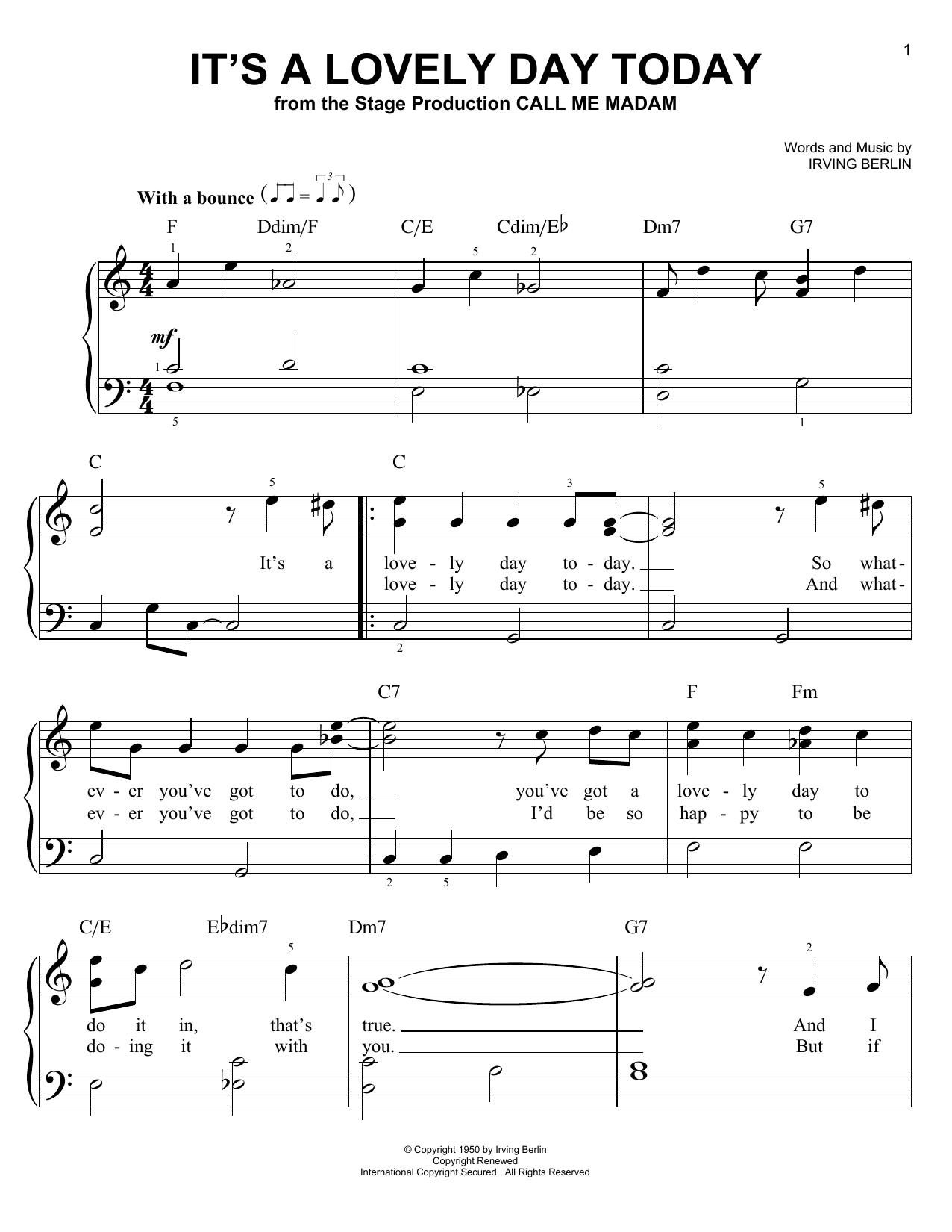 Download Irving Berlin It's A Lovely Day Today (from Call Me Madam) Sheet Music and learn how to play Easy Piano Solo PDF digital score in minutes