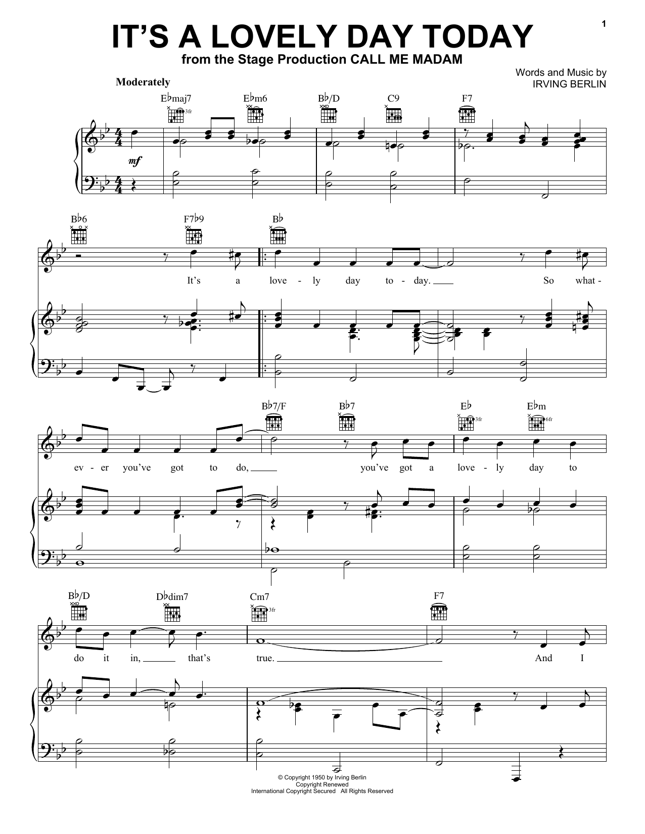 Download Irving Berlin It's A Lovely Day Today Sheet Music and learn how to play Real Book - Melody, Lyrics & Chords - C Instruments PDF digital score in minutes