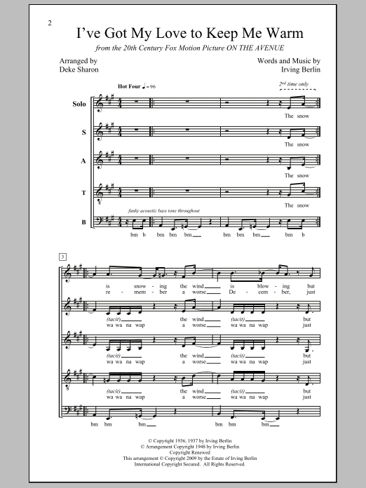 Download Irving Berlin I've Got My Love To Keep Me Warm (arr. Deke Sharon) Sheet Music and learn how to play SATB PDF digital score in minutes