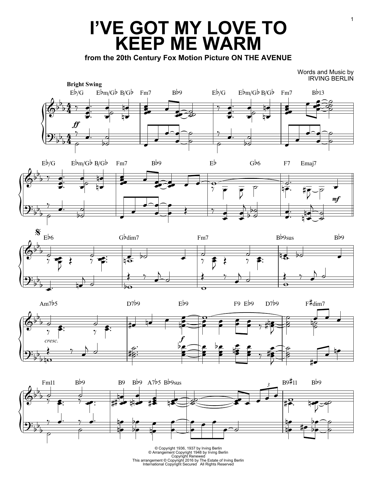 Download Irving Berlin I've Got My Love To Keep Me Warm Sheet Music and learn how to play Piano PDF digital score in minutes