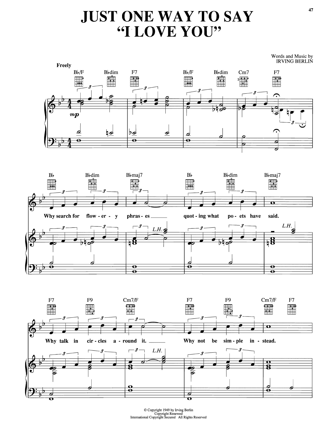 Download Irving Berlin (Just One Way To Say) I Love You (from Miss Liberty) Sheet Music and learn how to play Piano, Vocal & Guitar Chords (Right-Hand Melody) PDF digital score in minutes