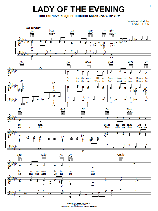 Download Irving Berlin Lady Of The Evening Sheet Music and learn how to play Piano, Vocal & Guitar (Right-Hand Melody) PDF digital score in minutes