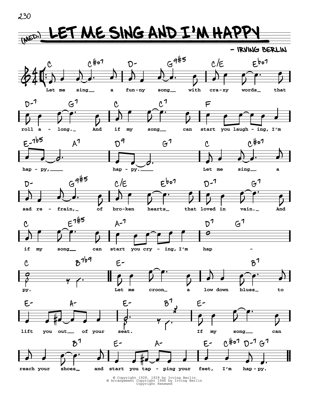 Download Irving Berlin Let Me Sing And I'm Happy (High Voice) Sheet Music and learn how to play Real Book – Melody, Lyrics & Chords PDF digital score in minutes