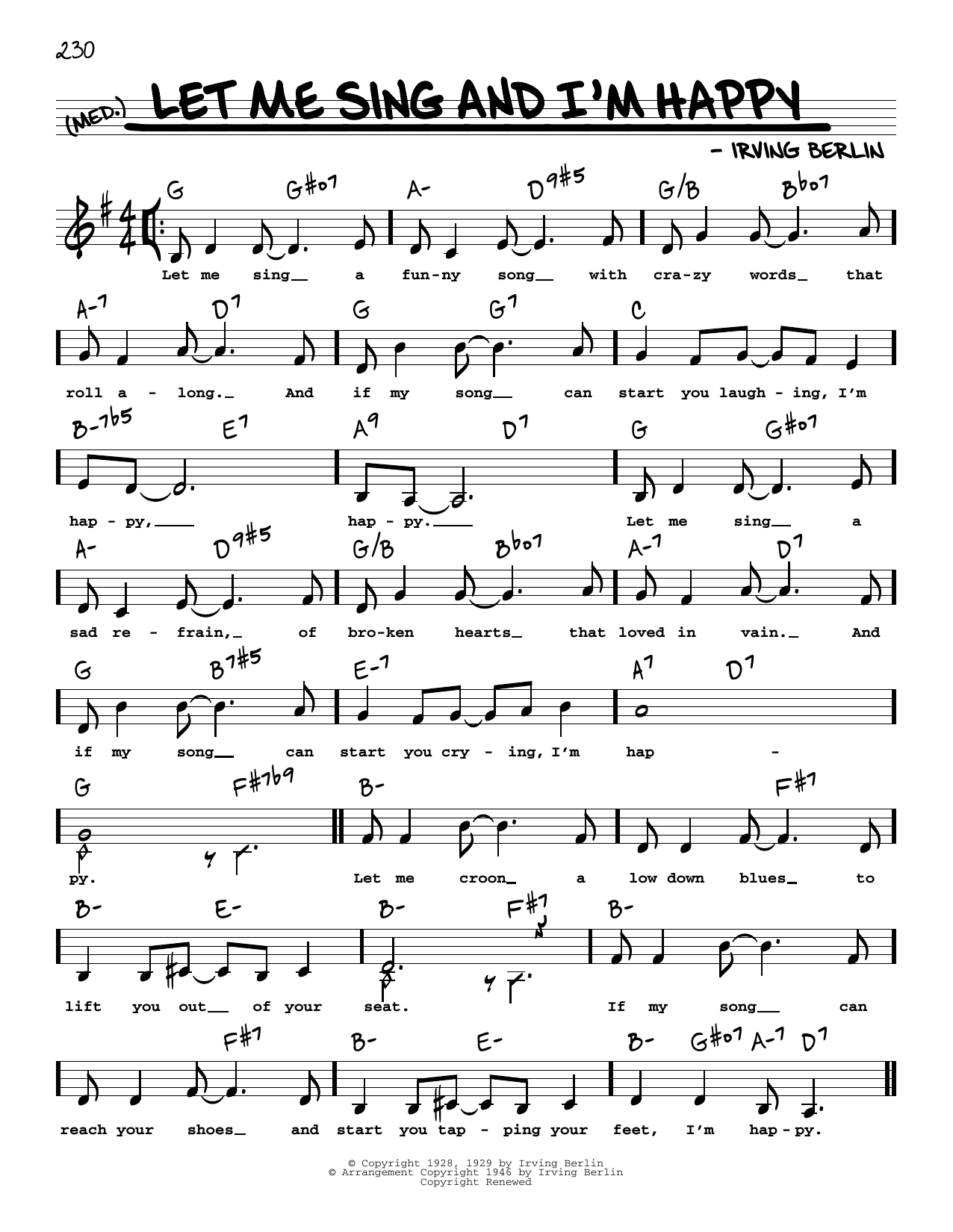 Download Irving Berlin Let Me Sing And I'm Happy (Low Voice) Sheet Music and learn how to play Real Book – Melody, Lyrics & Chords PDF digital score in minutes