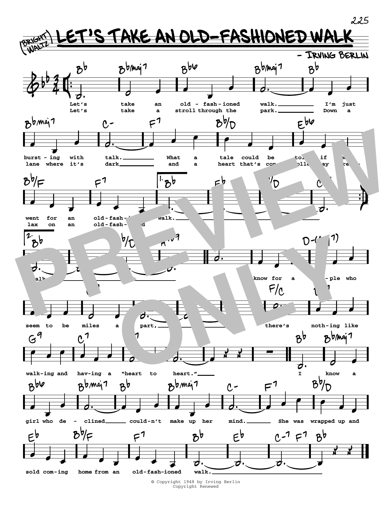 Download Irving Berlin Let's Take An Old-Fashioned Walk (Low Voice) Sheet Music and learn how to play Real Book – Melody, Lyrics & Chords PDF digital score in minutes