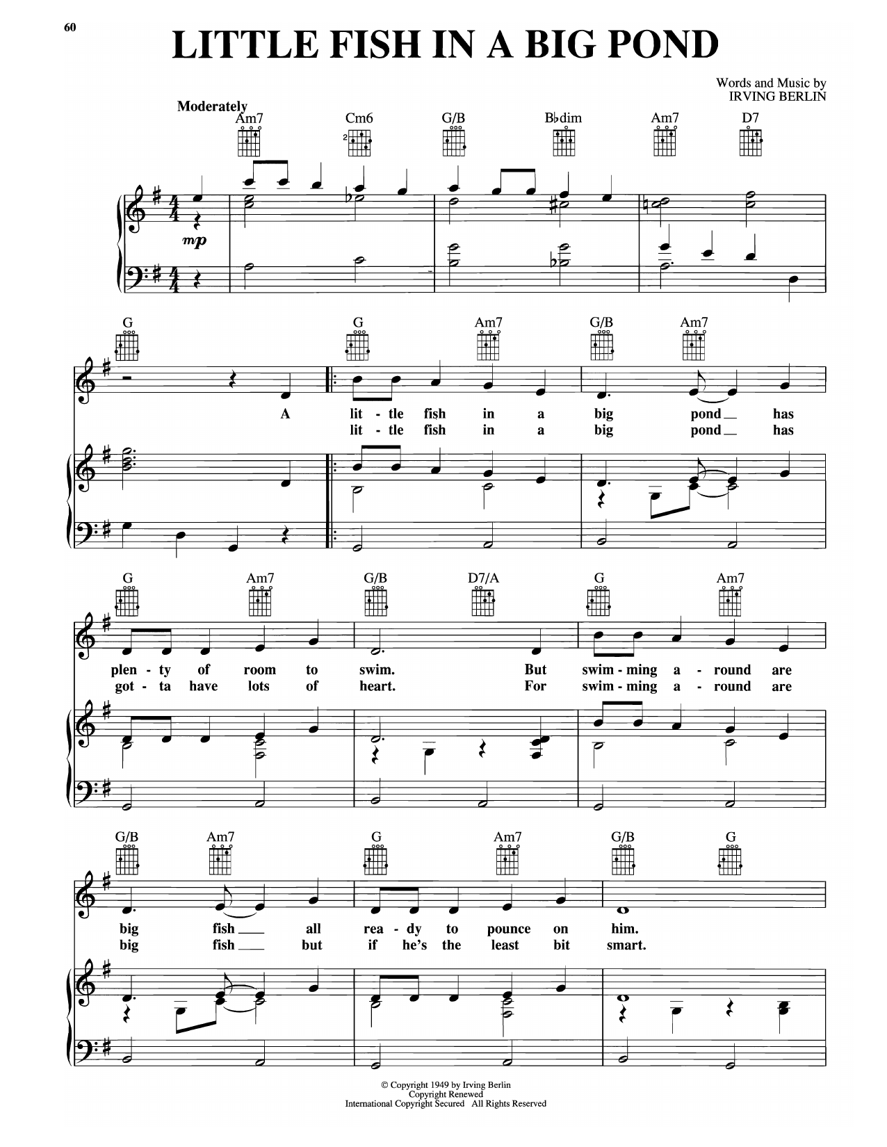 Download Irving Berlin Little Fish In A Big Pond (from Miss Liberty) Sheet Music and learn how to play Piano, Vocal & Guitar Chords (Right-Hand Melody) PDF digital score in minutes