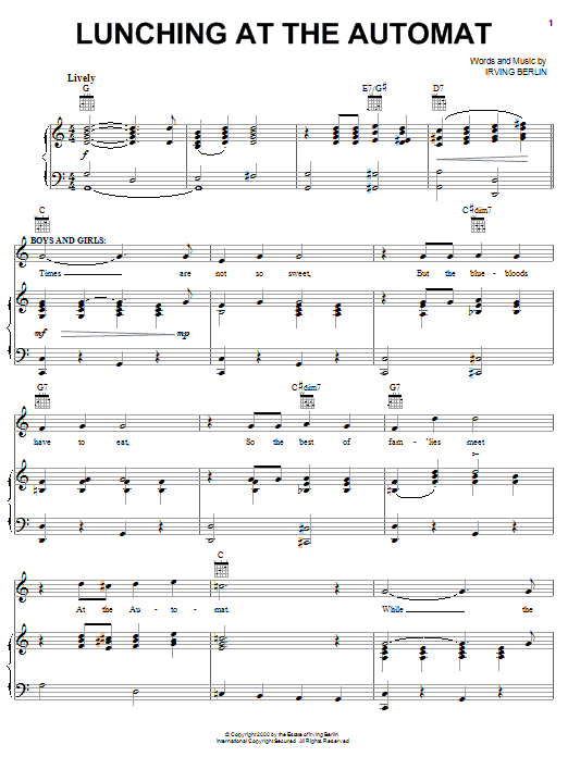 Download Irving Berlin Lunching At The Automat Sheet Music and learn how to play Piano, Vocal & Guitar (Right-Hand Melody) PDF digital score in minutes